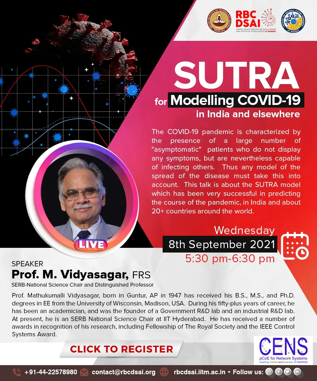SUTRA for Modelling COVID-19 in India and elsewhere by Prof. M. Vidyasagar